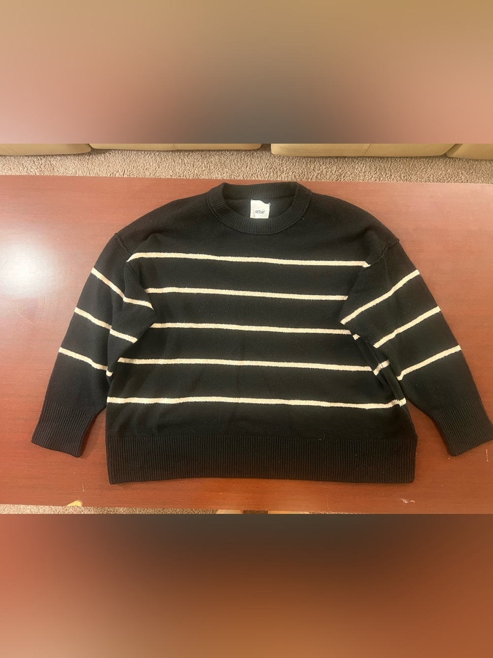 aerie Black Crewneck Sweater with White Stripes - Picture 2 of 4